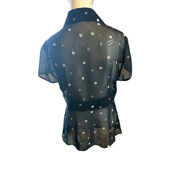 Ann Taylor Women’s Sheer Shirt Polka Dots Waist Accent & Ruffles Sz 2 B&W - Picture 2 of 7